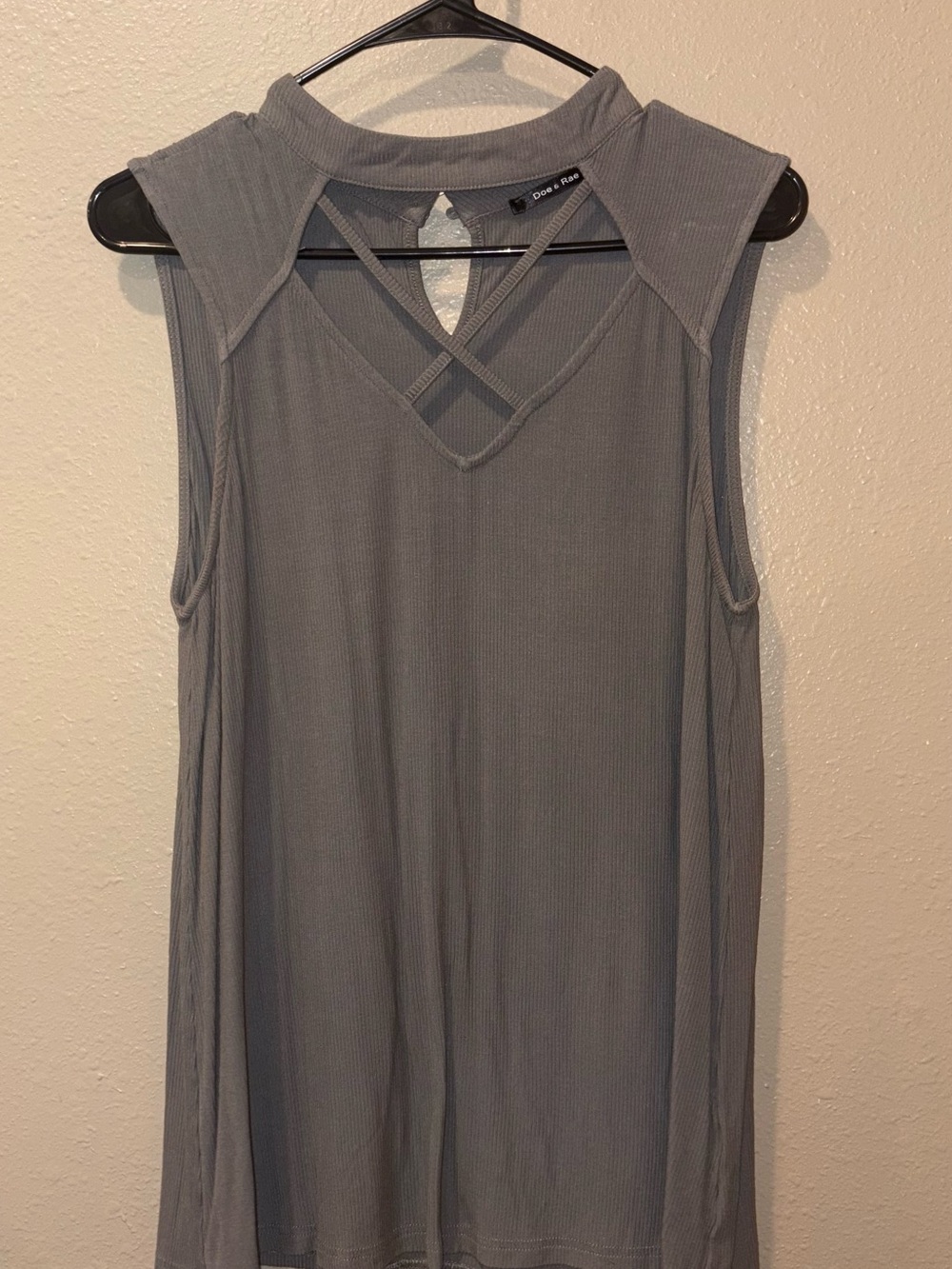 Doe & Rae Gray Sleeveless Mock-Neck Tank with Crisscross Front